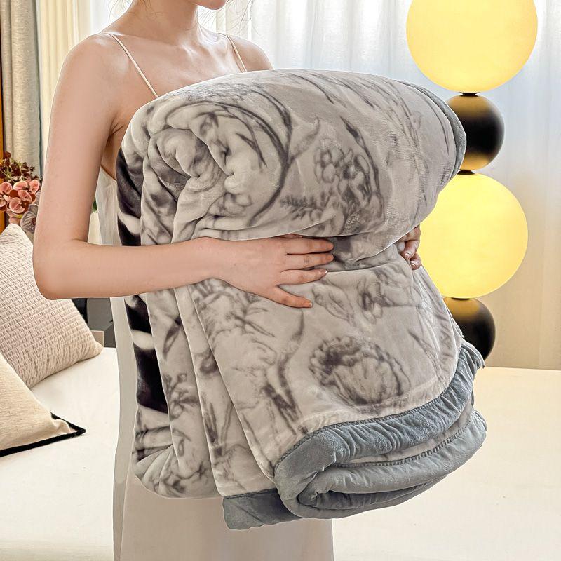 Double Layered Printed Thickened Raschel Soft Blanket Heat Retention Warm Quilt No Shedding Colorfast Anti-static Travel Throw