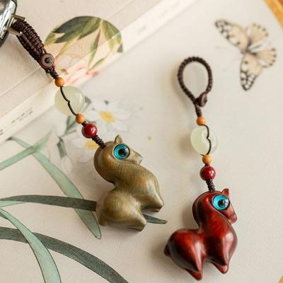 Zodiac Horse Key Chain Cartoon Handmade Rope Wood Phone Chain Sandalwood Lanyard Chinese Style Key Ring
