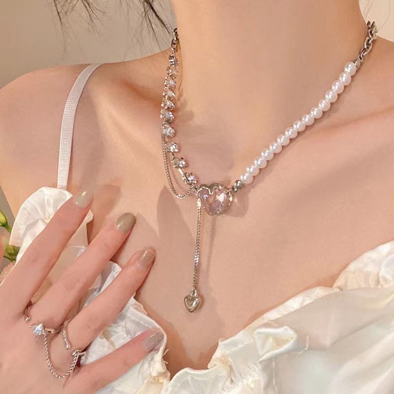 New pink lava love splicing pearl necklace women s niche design peach heart light luxury collarbone chain versatile