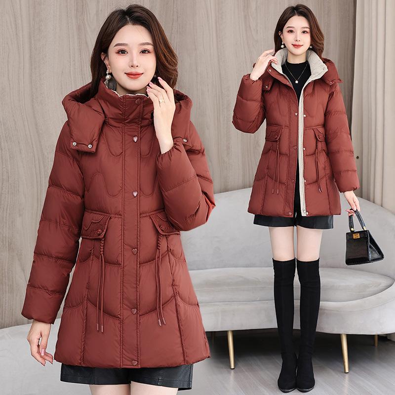 Women's Mid-Length Hooded Lace Pocket Down Jacket - 2025 Winter Slim Fit White Duck Down Coat