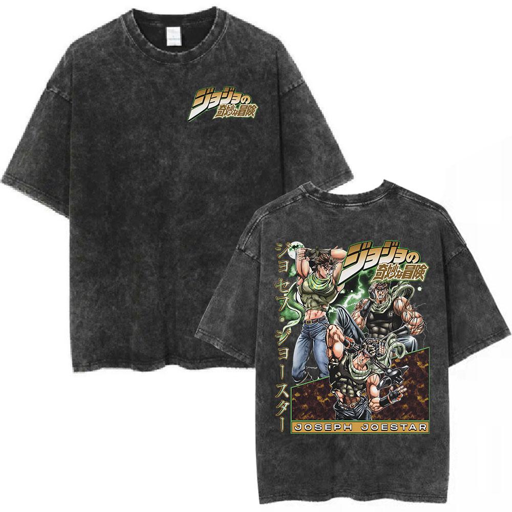 Anime Jojo Bizarre Adventure Vintage Washed Tshirt Joseph Joestar Manga Graphic Tees Men Women Clothing Casual Fashion T Shirt