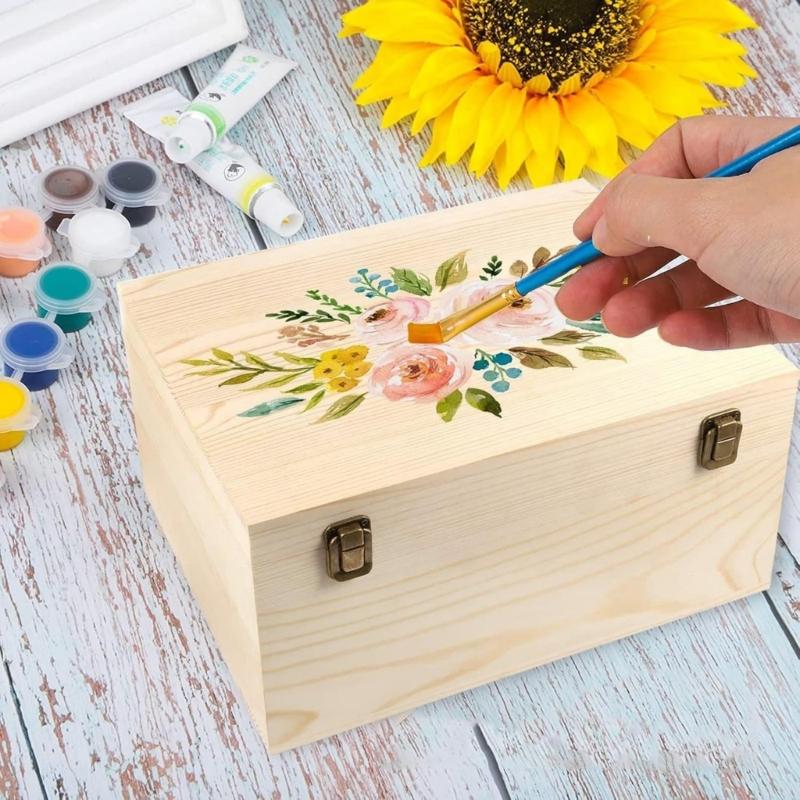 DIY Unfinished Wood Storage Box Large Unfinished Wooden Box with Hinged Lid and Front Clasp for Arts Gifts Jewelry