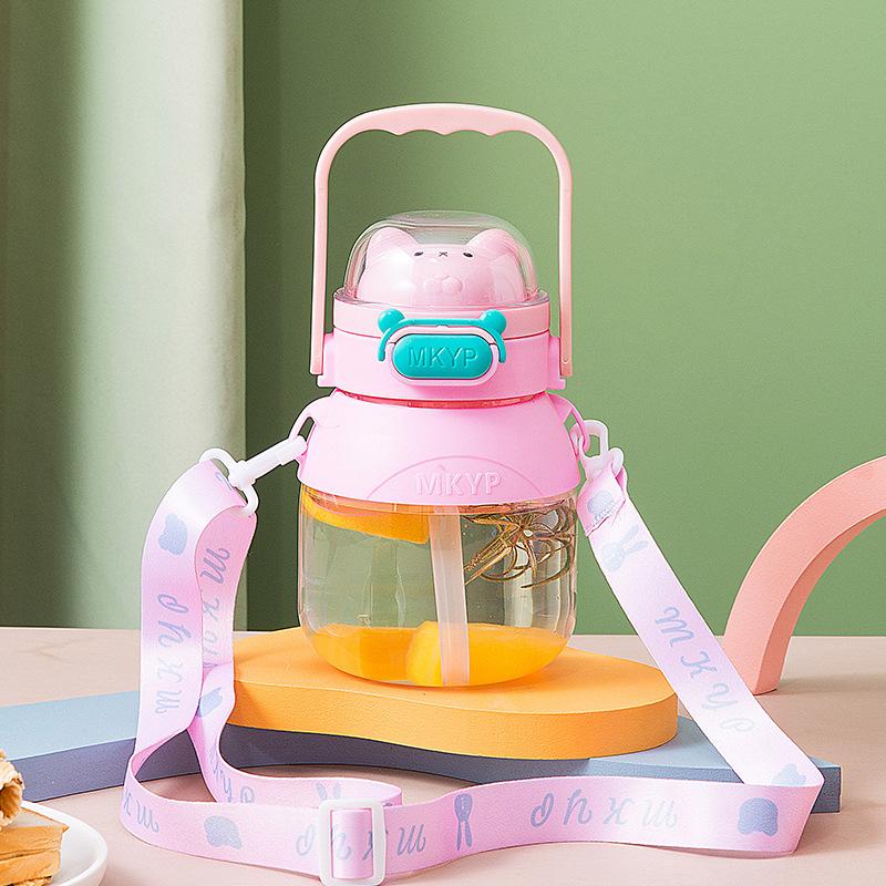 Girls Spacious Space Bear Big Belly Cup Plastic Cup Fitness Athletic Crossbody Water Cup with Straw Mobile Cell Phone Holder