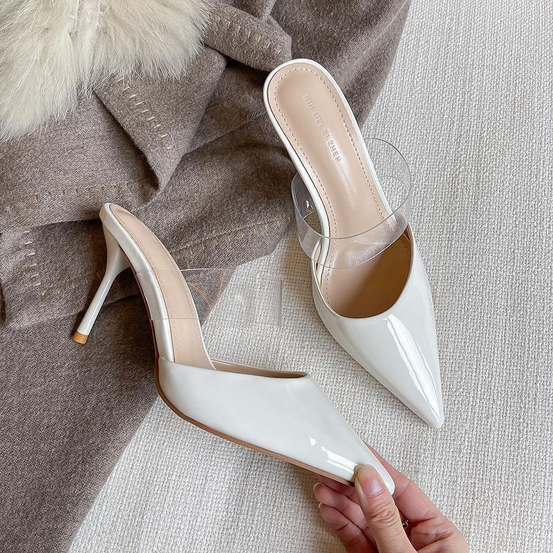 

Пустые сандалии Baotou, женская летняя мода, универсальная, 2025, новые остроносые туфли с одним словом на шпильке и высоким каблуком, полуоблегающие туфли 41 белый