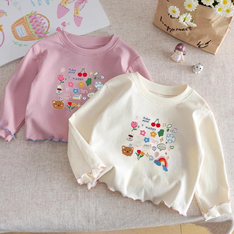 Girls Cotton Long Sleeve T Shirt Ruffled Round Neck Printed Top Spring Autumn Baby Toddler Casual Tee