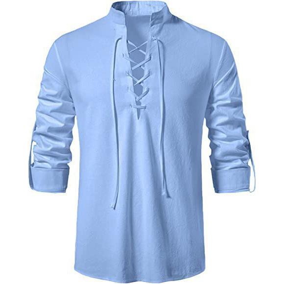 Mens Pirate Shirt Viking Retro Renaissance Medieval Gothic Victorian Halloween Costume Casual Cotton Linen Lace Up Hippie Shirts
