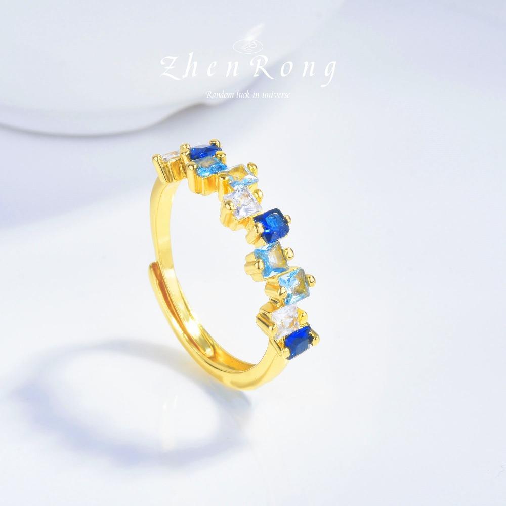 

Candy Blue Women Rings 18K Gold Plated Rainbow Color Sapphire Stackable Pinky Ring Luxury Jewelry adjustable