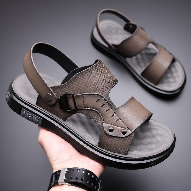 Leather sandals men's 2025 new summer wear dual-purpose driving non-slip beach cool slippers wading shoes