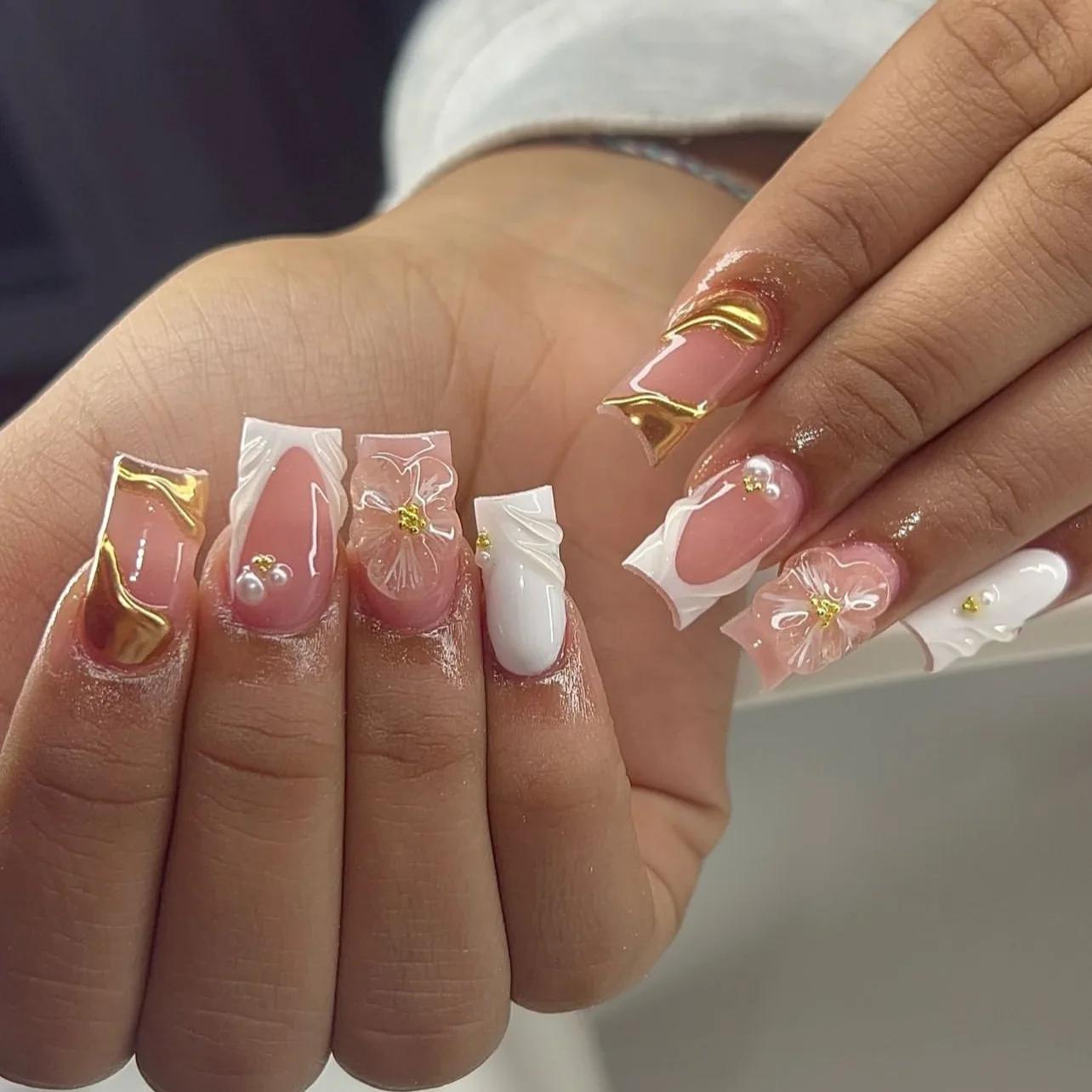

24Pcs Medium Square Press On Nails, Pink French with 3D Flower & Gold Line False Nails United States
