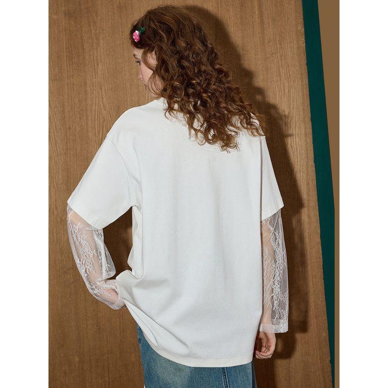 Coolhut Fun Print Graffiti Patchwork Lace Sleeves Drop Shoulder Loose Cartoon 2025 Summer Women's T-Shirt