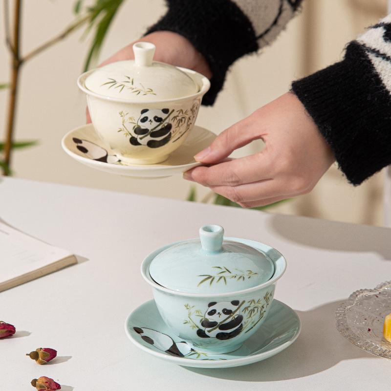 Chinese Style Panda Ceramic Cover Bowl Kung Fu Tea Set Household Tea Bowl Single High End Gift Gift Ceramic Cup Toast Tea Bowl Cup