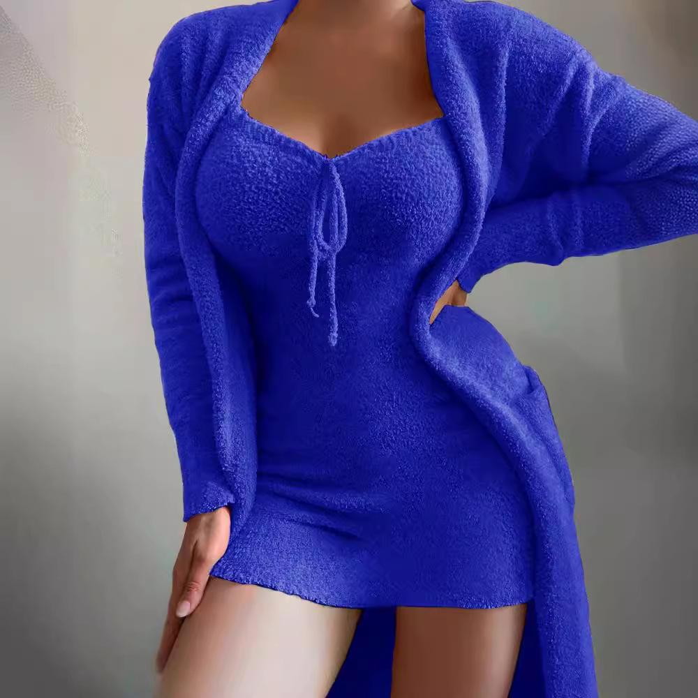 2026 Women's Plush Three-Piece Lace-Up Pajama Set - Casual Home Wear