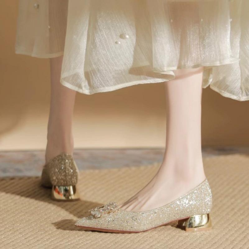 Fall New Coarse Heel Shoes Women's Pointy Shallow Mouth Sequin Crystal Buckle Non-slip Low-top Shoes