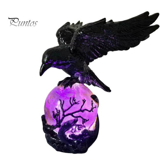 Raven Lamp Resin Gothic LED Ball Lamp, Mysterious Crow On Orb Sculpture, Statement Table Halloween Decorative for Bedside Bedroom Living Room