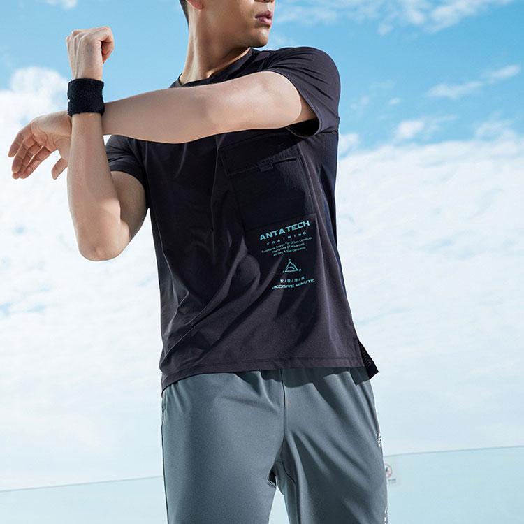 Anta Letter Pocket Casual Crew Neck T-Shirt Men Tops Black 952227109-4