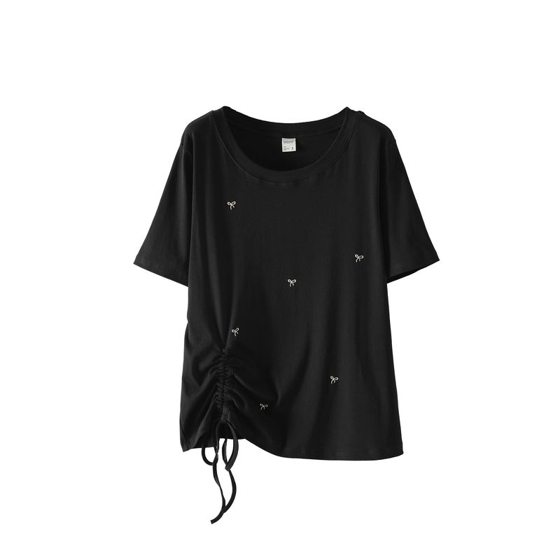 Plus size women clothing [Street Western Style T] Bow Embroidery Short sleeve T-shirt 100.00kg Summer Drawstring Waist Hugging Top