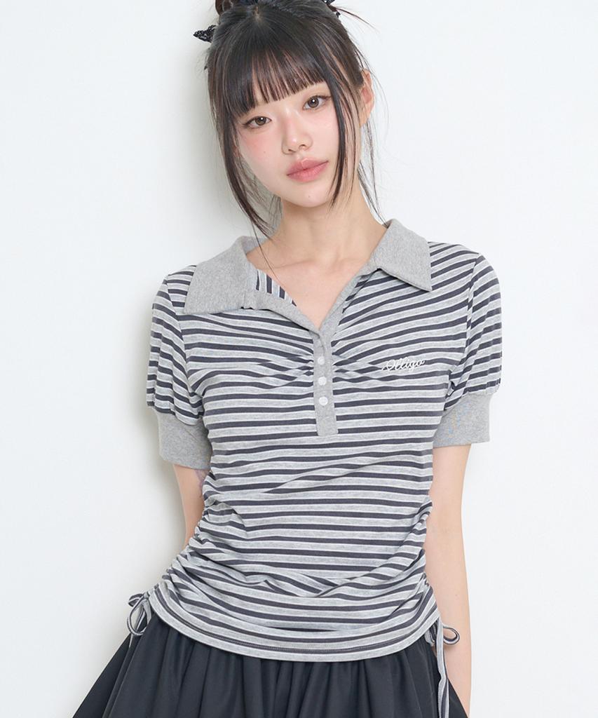 ILLIGO Striped Shirred Collared Tee Charcoal