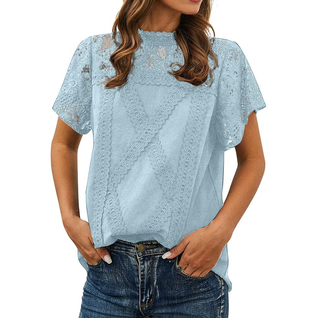 Women's Cute Lace Blouse Top Short Sleeve Lace Hollow Out Turtle Neck T Shirt
