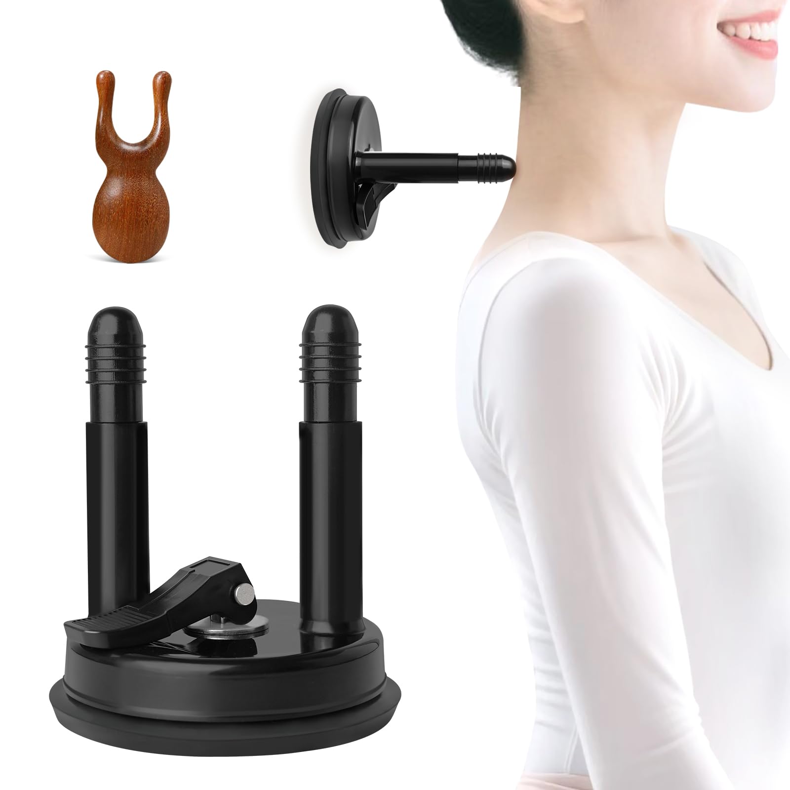

Neck Massager for Relieving Stiff Shoulders and Back Acupressure Suction Cup Neck Massager with Wooden Face Acupressure Stick Neck, Massager, чёрный