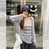 Korean gray single shoulder suspender letter print V-neck long-sleeved T-shirt women's autumn thin micro-transparent unique loose top