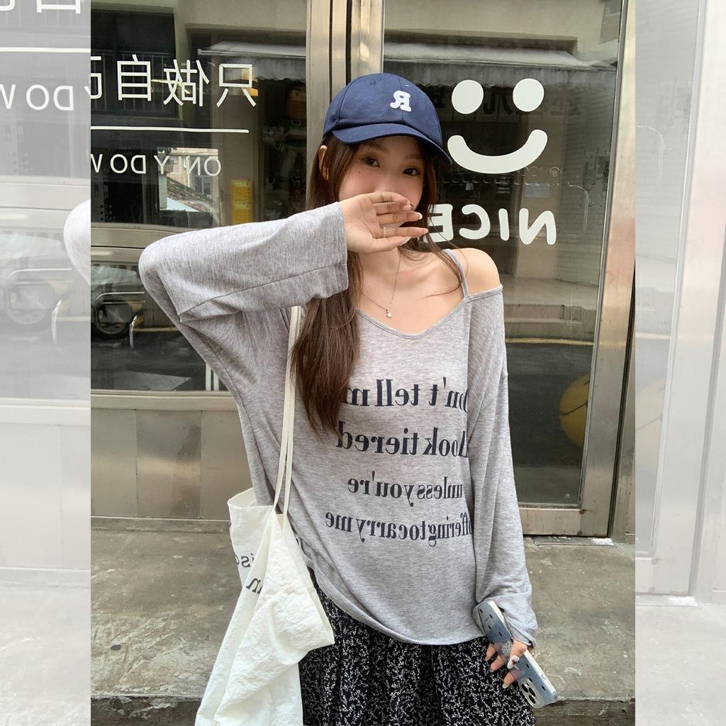 Korean gray single shoulder suspender letter print V-neck long-sleeved T-shirt women's autumn thin micro-transparent unique loose top