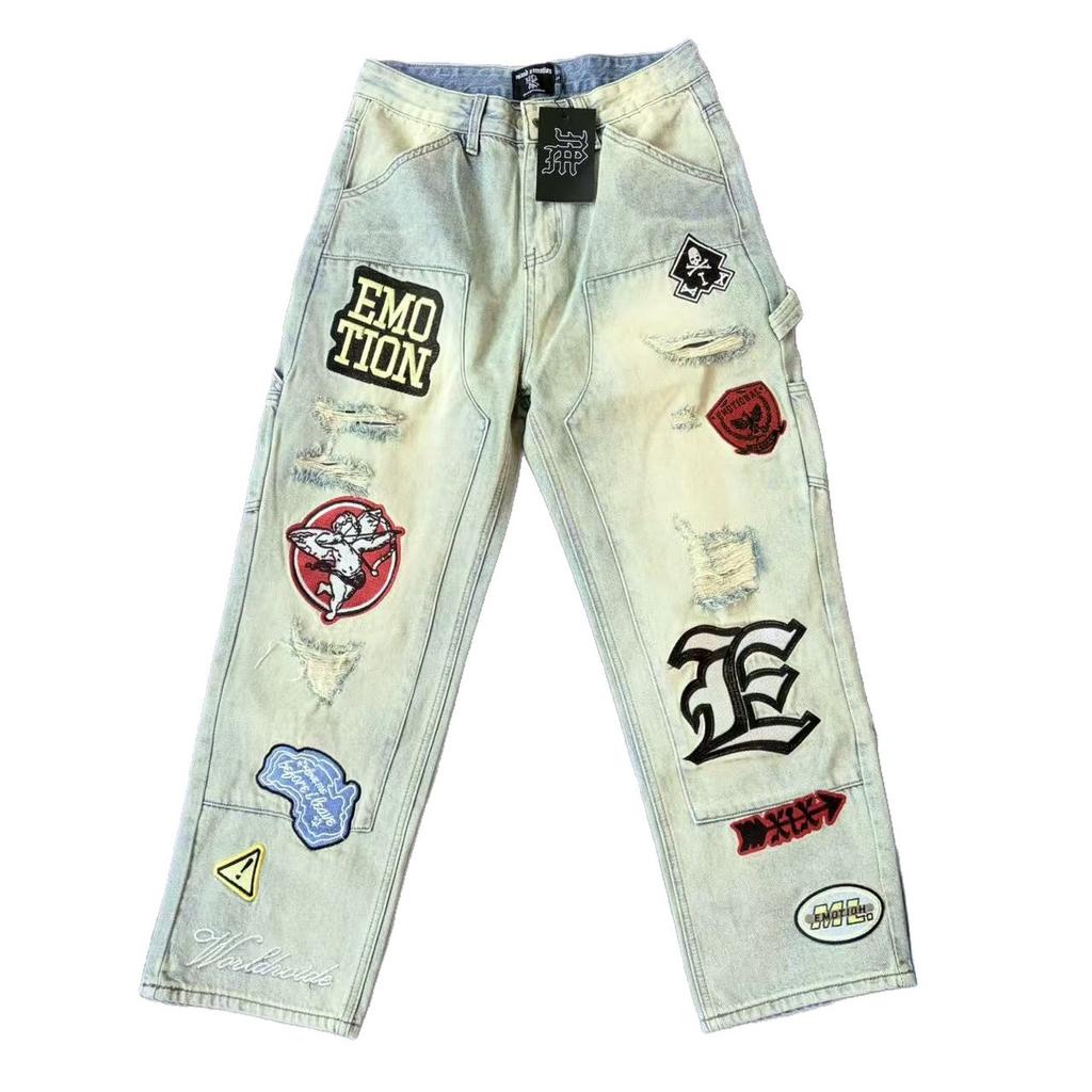 Badge Washed Ripped Personality Embroidered Jeans American High Street Style Casual Pants Trousers