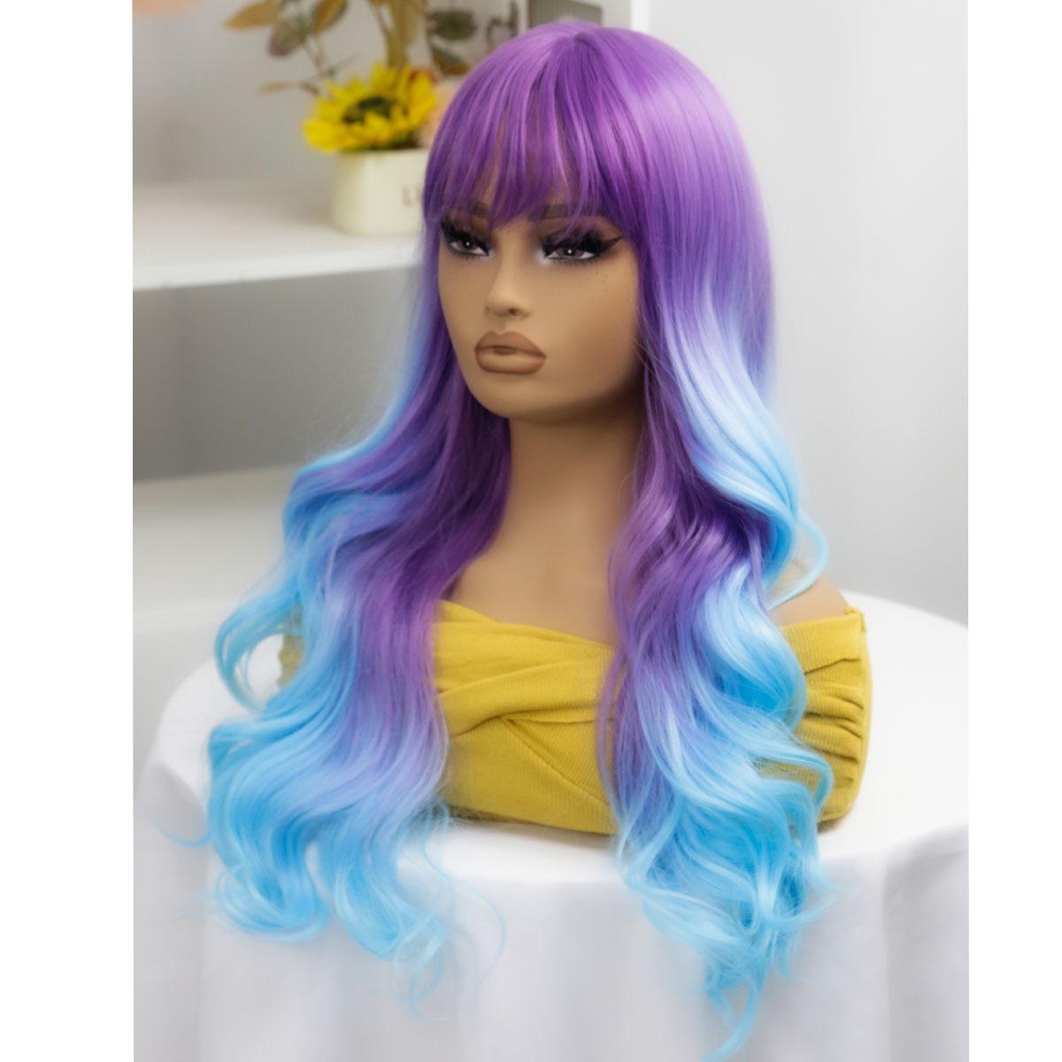 Gradient Purple Long Curly Wig - Synthetic Fiber Full Head Cover for Women, In Stock Cosplay Wig.