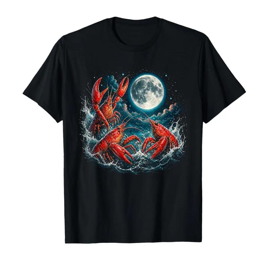 Three Crawfish Moon Galaxy Space Retro Animal Tshirt For Men Women 100 Cotton T Shirts Short Sleeve Tops 04242