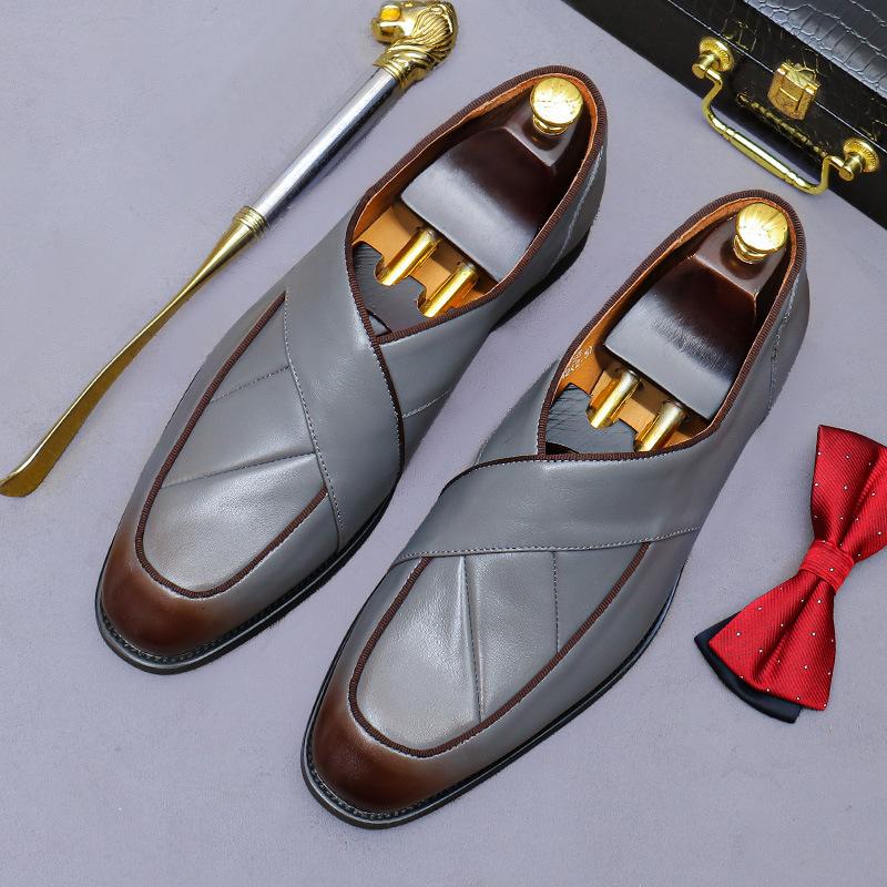 Sapatos Sociais Masculinos Moda Europeia Retrô Sapatos Loafer de Couro Genuíno Cinza Casuais para Negócios Festa Formais para Homens