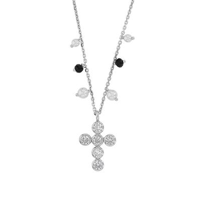 [R4956] - Handgefertigte Silberkette 'Gypsy Cross' weiß schwarz silber (Rhodium) - 17 x 13 mm