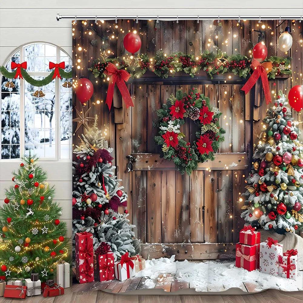 Christmas Shower Curtain Winter Holiday Farm Mantel Stockings Gifts Rustic Pine Home Polyester Fabric Bathroom Decor Curtain Set