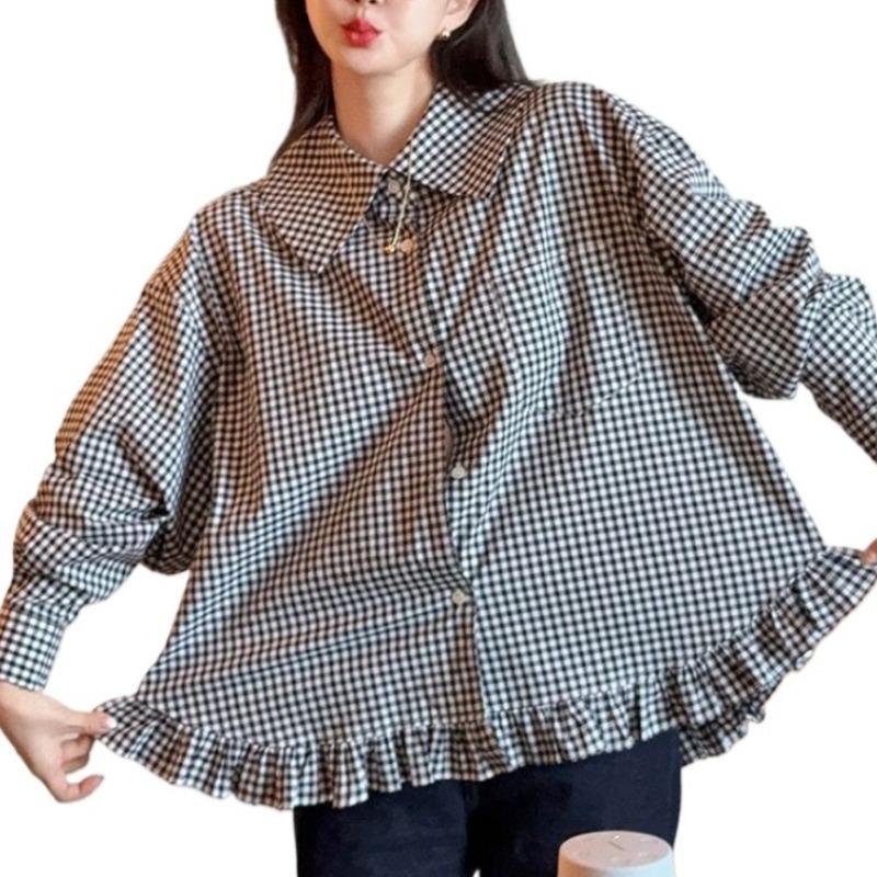

Women s Checkered Shirt spring Flip Collar Single Breasted Ruffle Edge Ladies Shirts Japanese Style Loose Casual Famale long sleeved Top XXL чорний