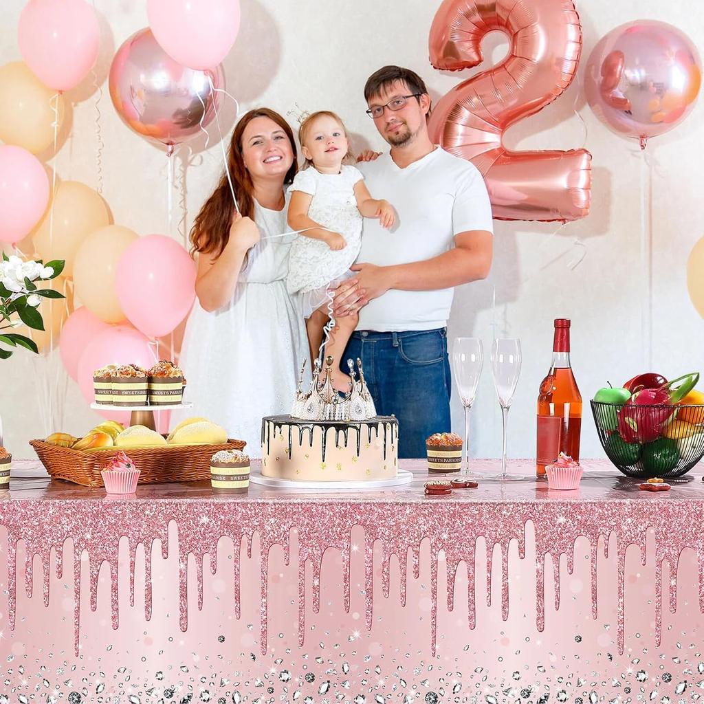 Pajean 3 Pcs Pink and Rose Gold Tablecloths Glitter Diamond Table Cover PE Girl Party Glitter Table Cloths Sequin Printed Plastic Tablecloths for