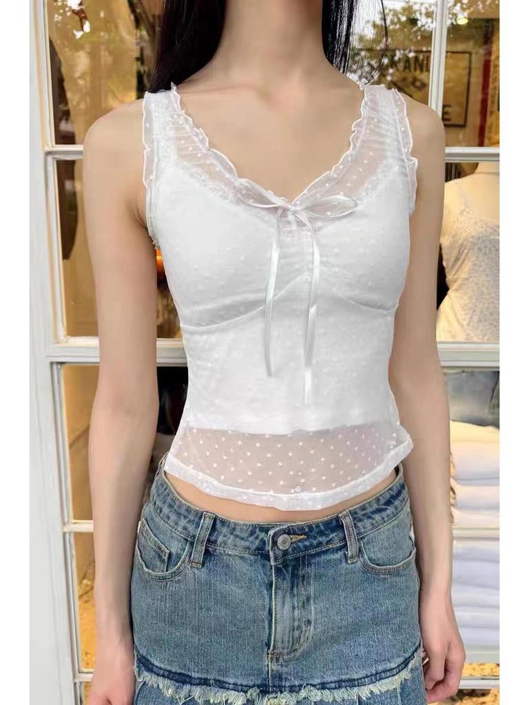 BM Style Ruffle V-Neck Bow Mesh See-Through Slimming Vest Top for Women
