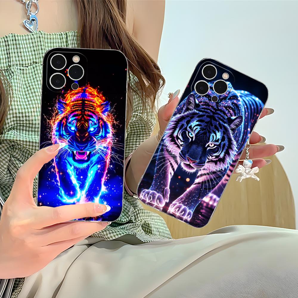 Tiger Neon Mobile Cell Phone Case for iPhone 17 16 15 14 13 12 11 X XR XS Air Pro Max Plus Mini Clear Colorful Cover Cover