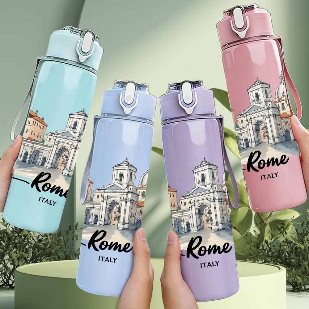 1PC Rome City Vintage Sketch Print 750ml Color Plastic Sports Water Bottle Leakproof Flip Straw Lid Suitable for Sports Office Home Use
