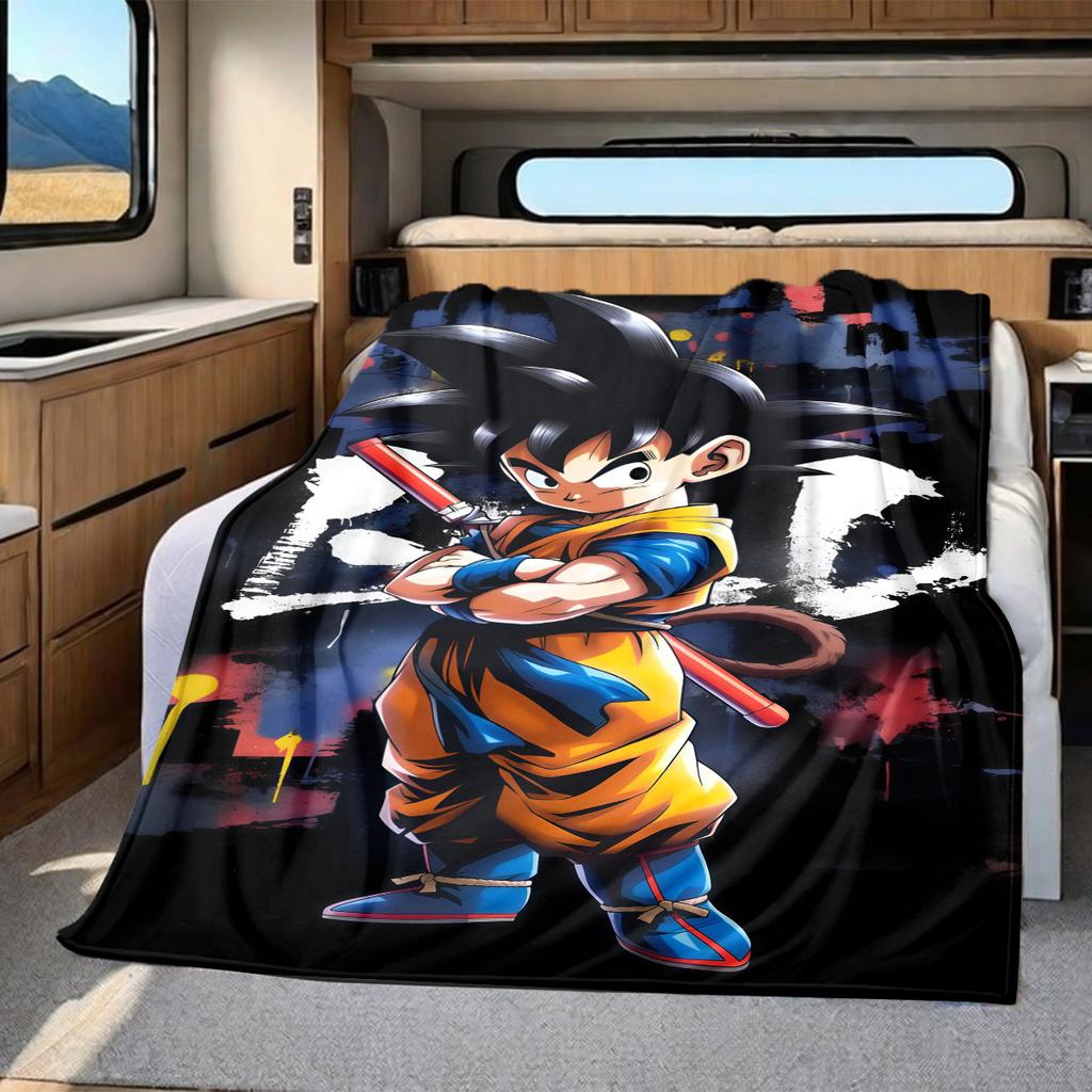 1PC Cartoon Son Goku Print Flannel Blanket, High quality All Seasons, Home Decor, Warmth and Comfort, Perfect for Christmas Gifts
