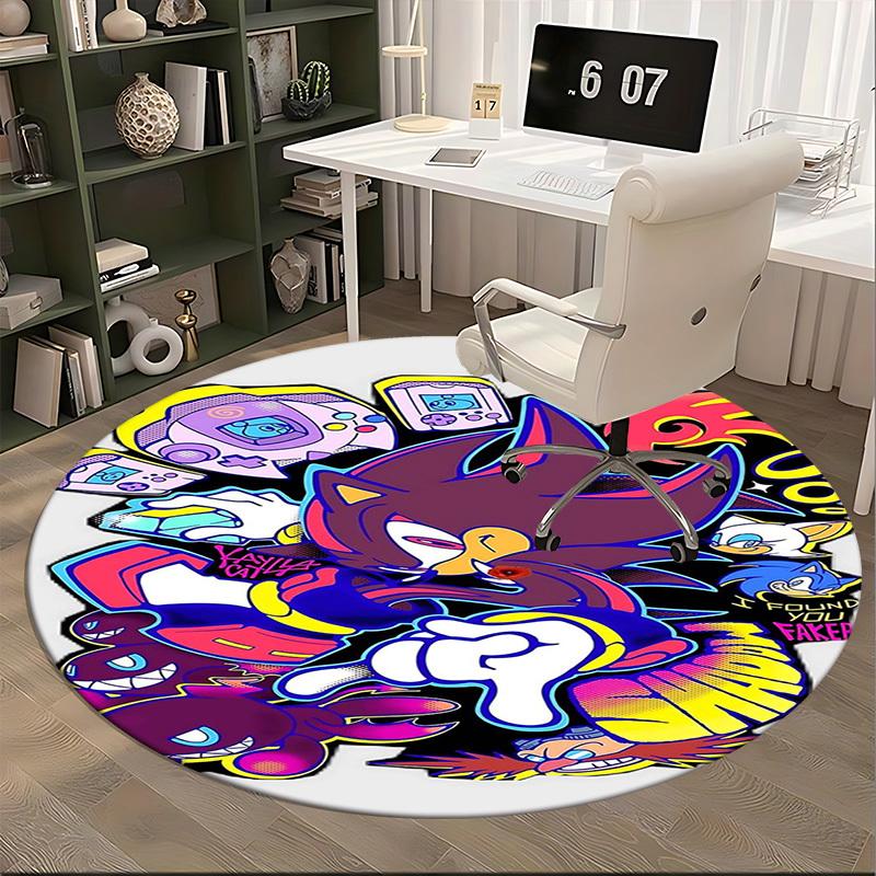 1 Stück Sonic the Hedgehog & Friends Anime Cartoon Design Runder Teppich - Bürostuhlmatte, Rutschfester Teppich für Heimdekoration, Wohnzimmer
