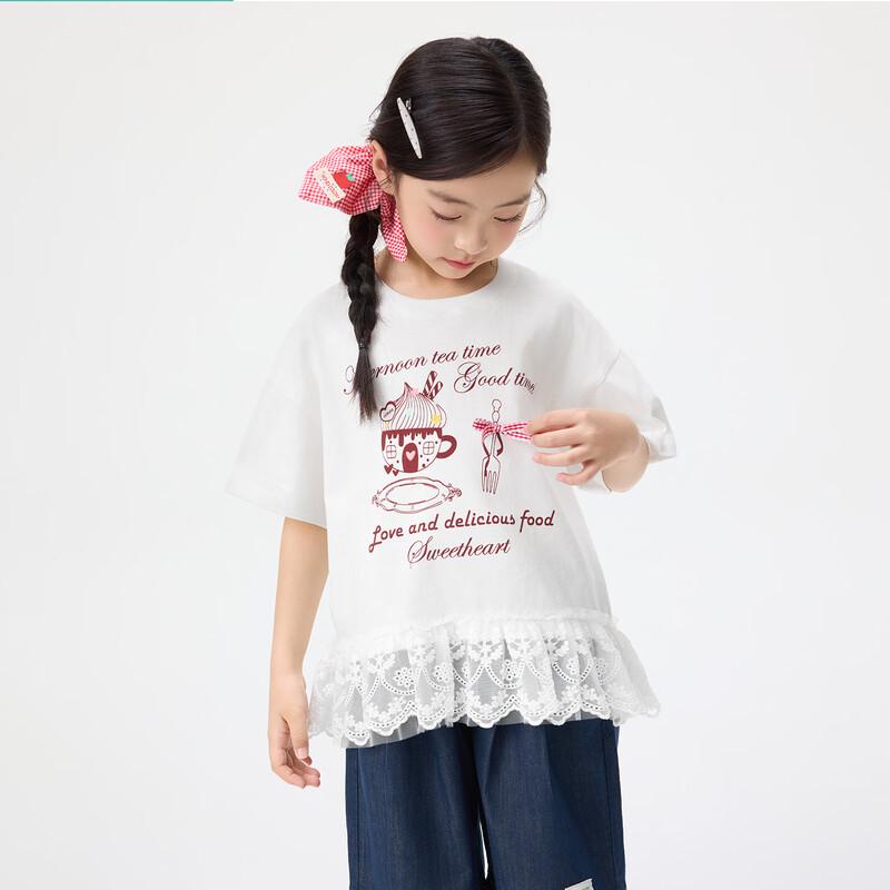 Girls  Casual Printed Lace Hem T-Shirt 150