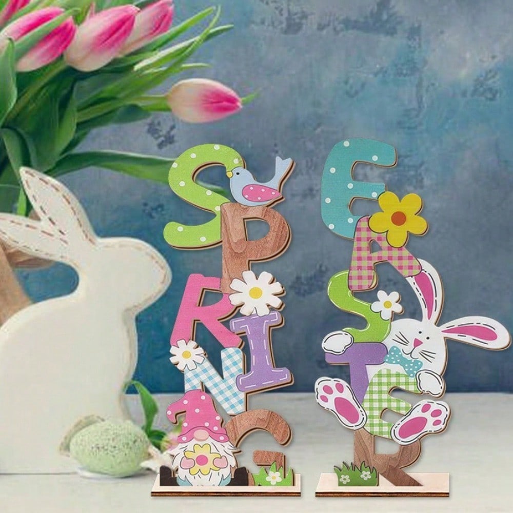 Desktop Ornament, Spring Easter Desktop Decoration Theme Scene Decoration, Colorful Letter Cartoon Rabbit And Dwarf Ornament
