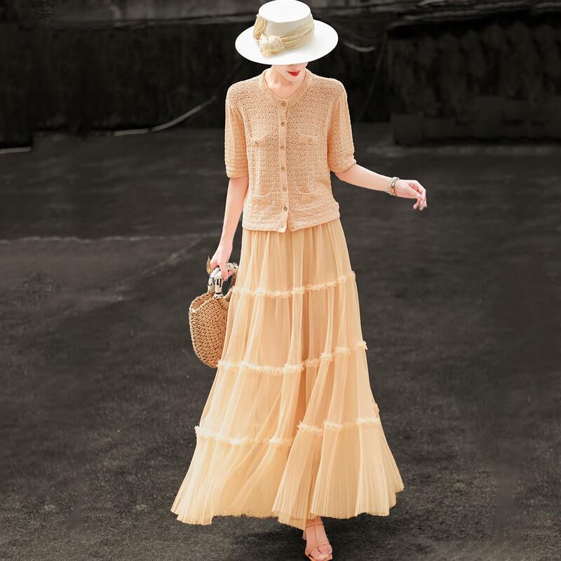 Elegant Hollow Knit Top & Mesh Skirt Two-Piece Set XL