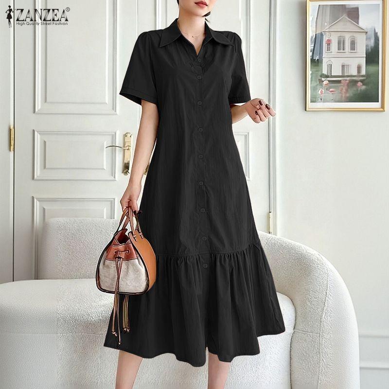 ZANZEA Women Casual Turn Down Collar Loose Summer Short Sleeve Dress