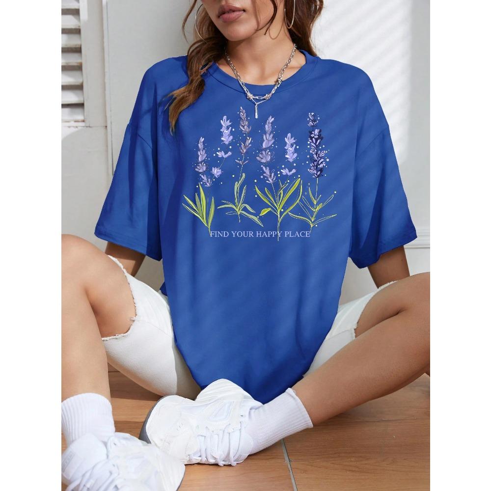 

Красивая Женская Футболка с Лавандовым Принтом Летняя Повседневная Футболка Уличная с Коротким Рукавом Дышащая Удобная S