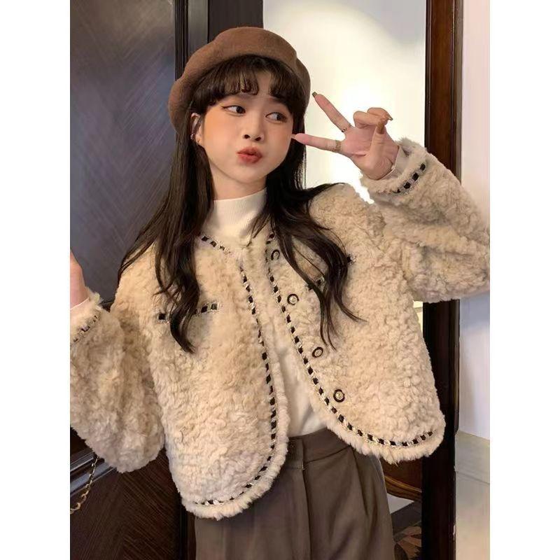 Imitation Lamb Wool Fur Jacket Women's Autumn and Winter Clothing Loose Short Small Thickened Top Women's Light