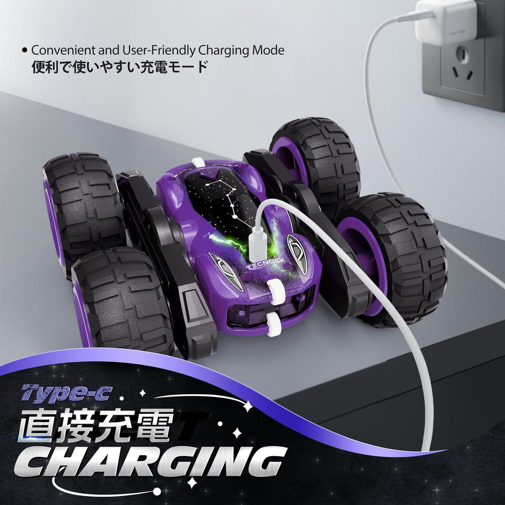 Tecnock RC Car for Kids, USB-C Direct Rechargeable Stunt Car, 360-Degree Rotation, Double-Sided Driving, RC Off-Road, USB Charging, 4WD Four-Wheel Dri