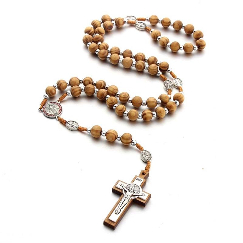 Handmade Wood Rosary Necklaces Men Women Necklaces Catholic Cross Pendant Meditation Jewelry Christian Religious Gift