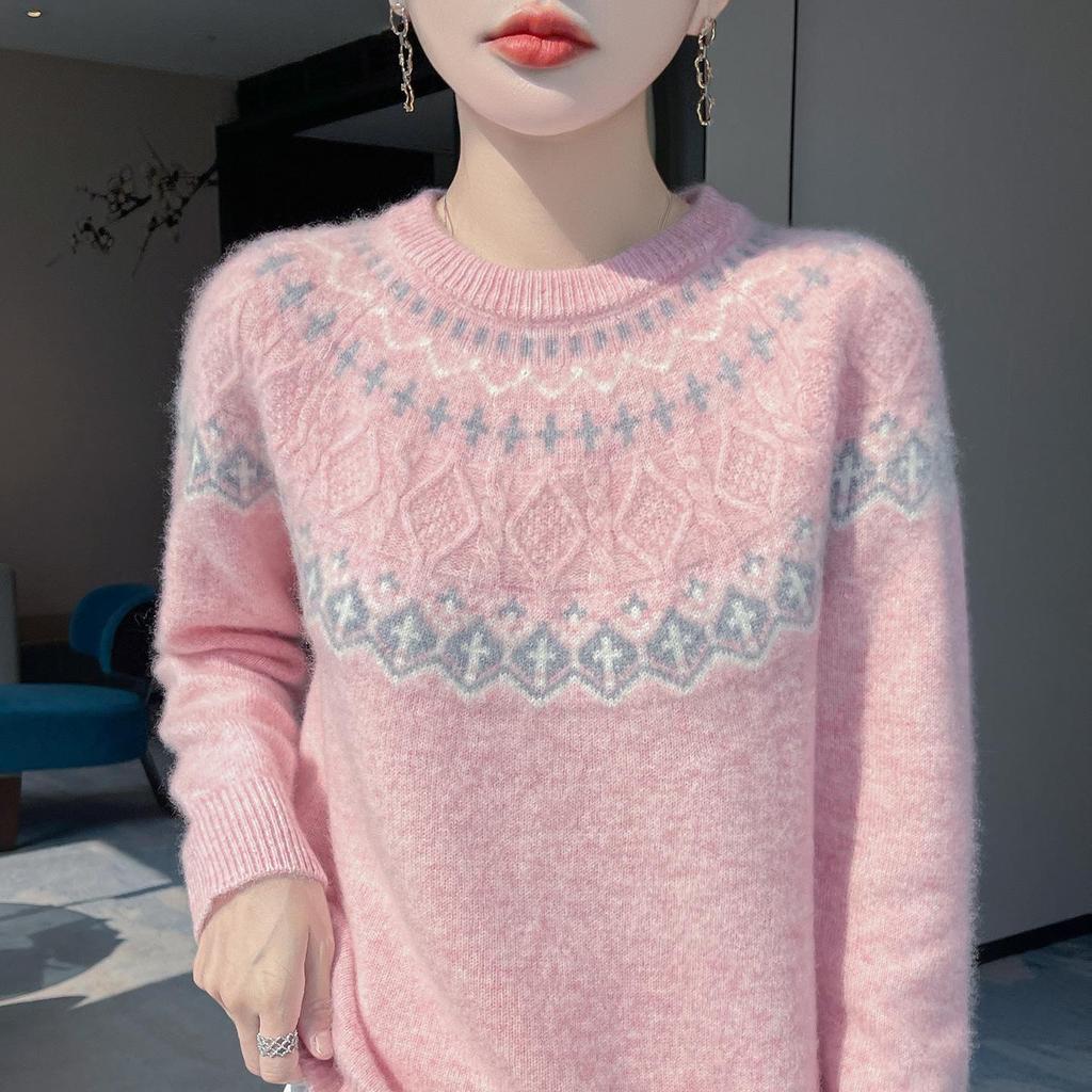 Women's Pure Wool Fair Isle Sweater - Round Neck, Long Sleeve, Loose Fit Knitwear