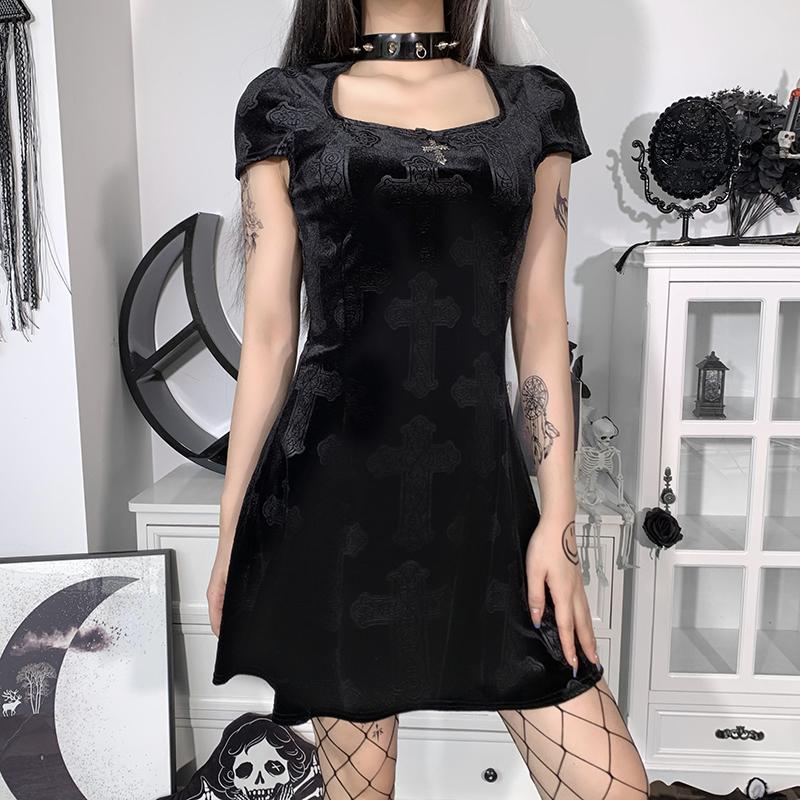 Buy Gothic Black Velvet Cross Dress Aesthetic Punk High Waist Square ...