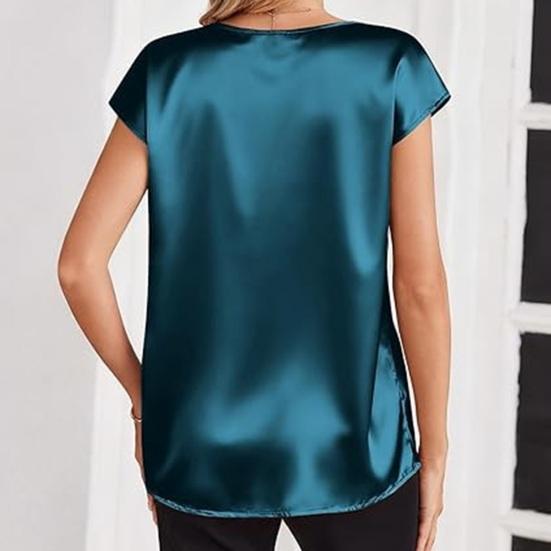 Women Tops Loose Fit Summer Blouse V-Neck Short Sleeve Smooth Satin Soft Stretchy Pullover