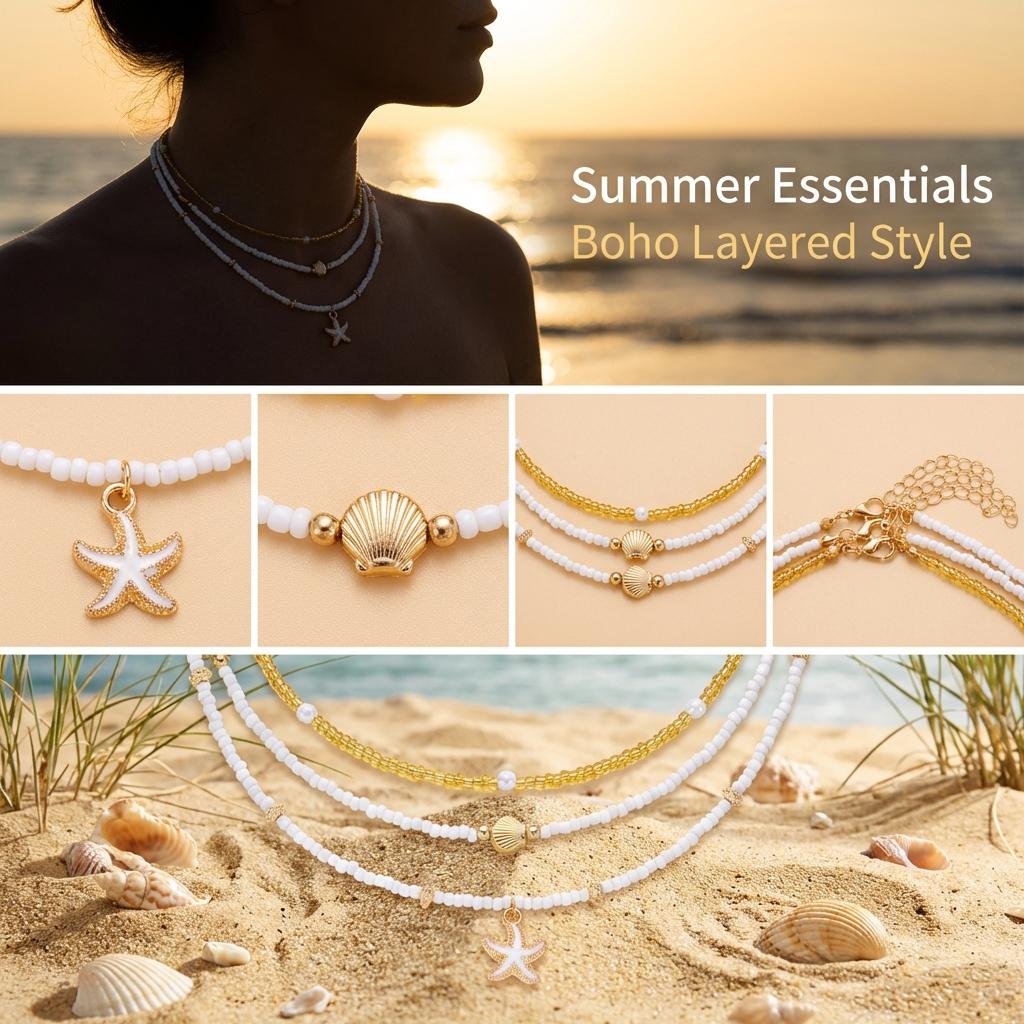 Boho Meerlaagse Zeester Schelp Rijstkorrel Kralen Ketting voor Vrouwen Vintage Imitatie Parel Kralen Gestapelde Choker Strandfeest Sieraden